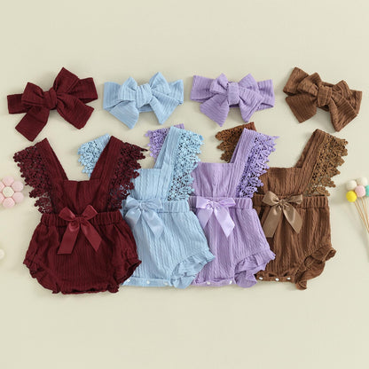 Newborn Baby Girl Lace Romper Ruffle Sleeveless Backless One Piece Jumpsuit Bodysuit with Headband Summer Clothes