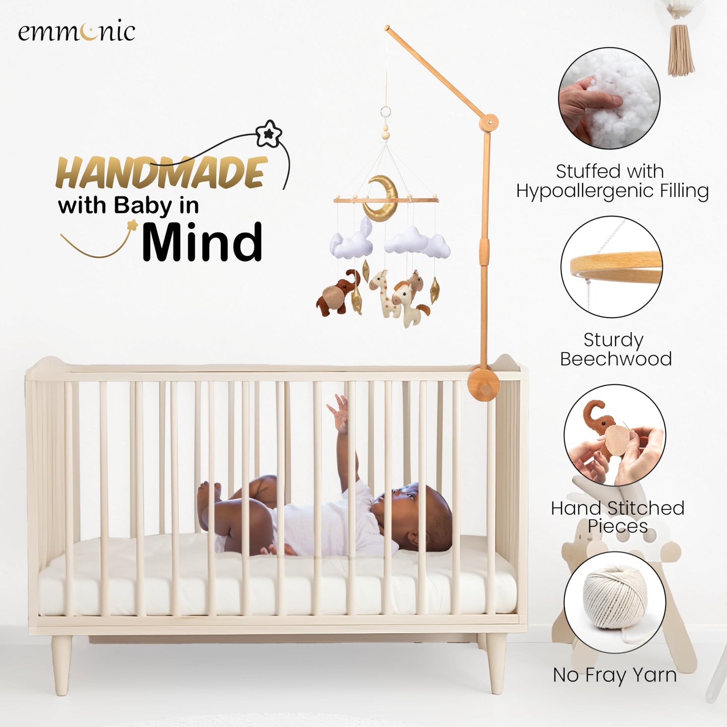 Baby Mobile for Crib - Handmade Modern Boho Baby Mobiles for Bassinet Felt Nursery Mobile Gender Neutral - Gold Moon and Stars - Girl Cribs Decorations