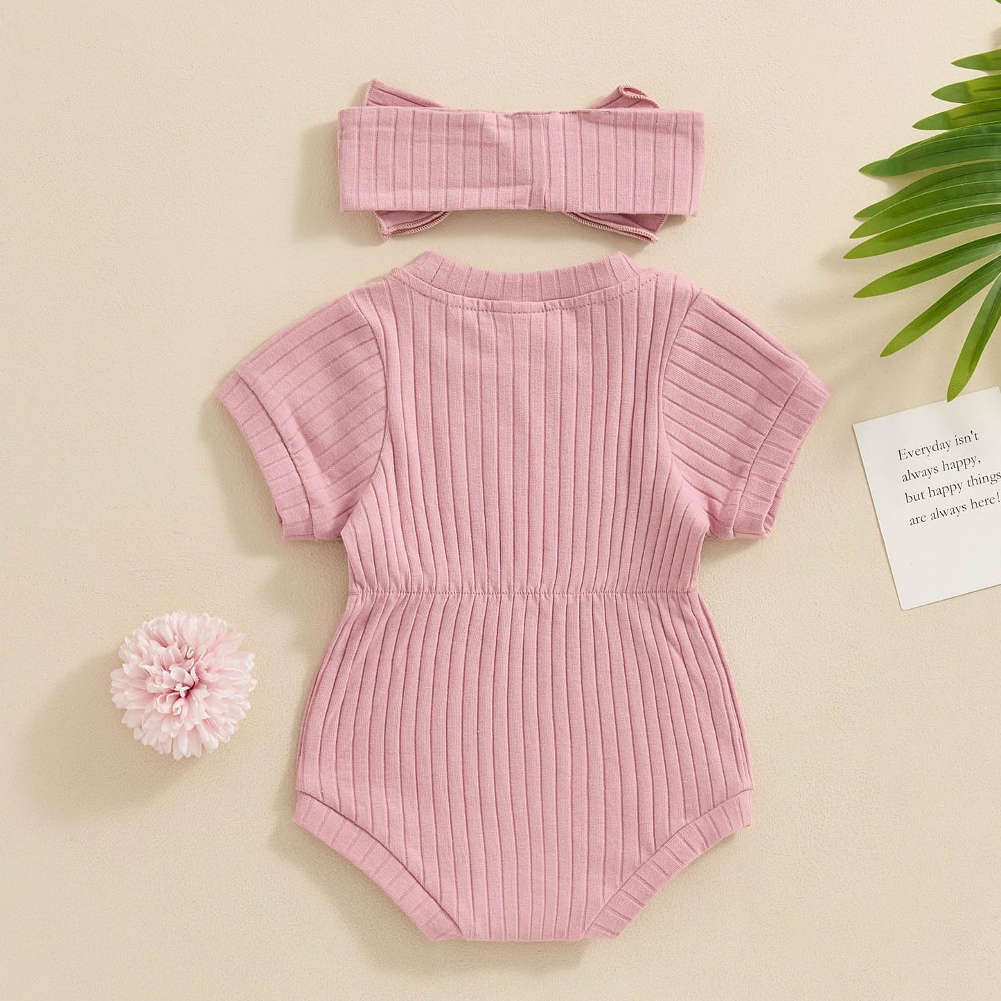 Baby Girl Summer Clothes Ribbed Short Sleeve Romper Solid Color Bodysuits Bow Headband Outfit Newborn Girl Jumpsuit