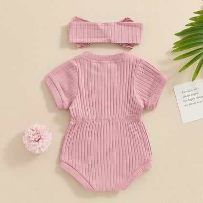 Baby Girl Summer Clothes Ribbed Short Sleeve Romper Solid Color Bodysuits Bow Headband Outfit Newborn Girl Jumpsuit