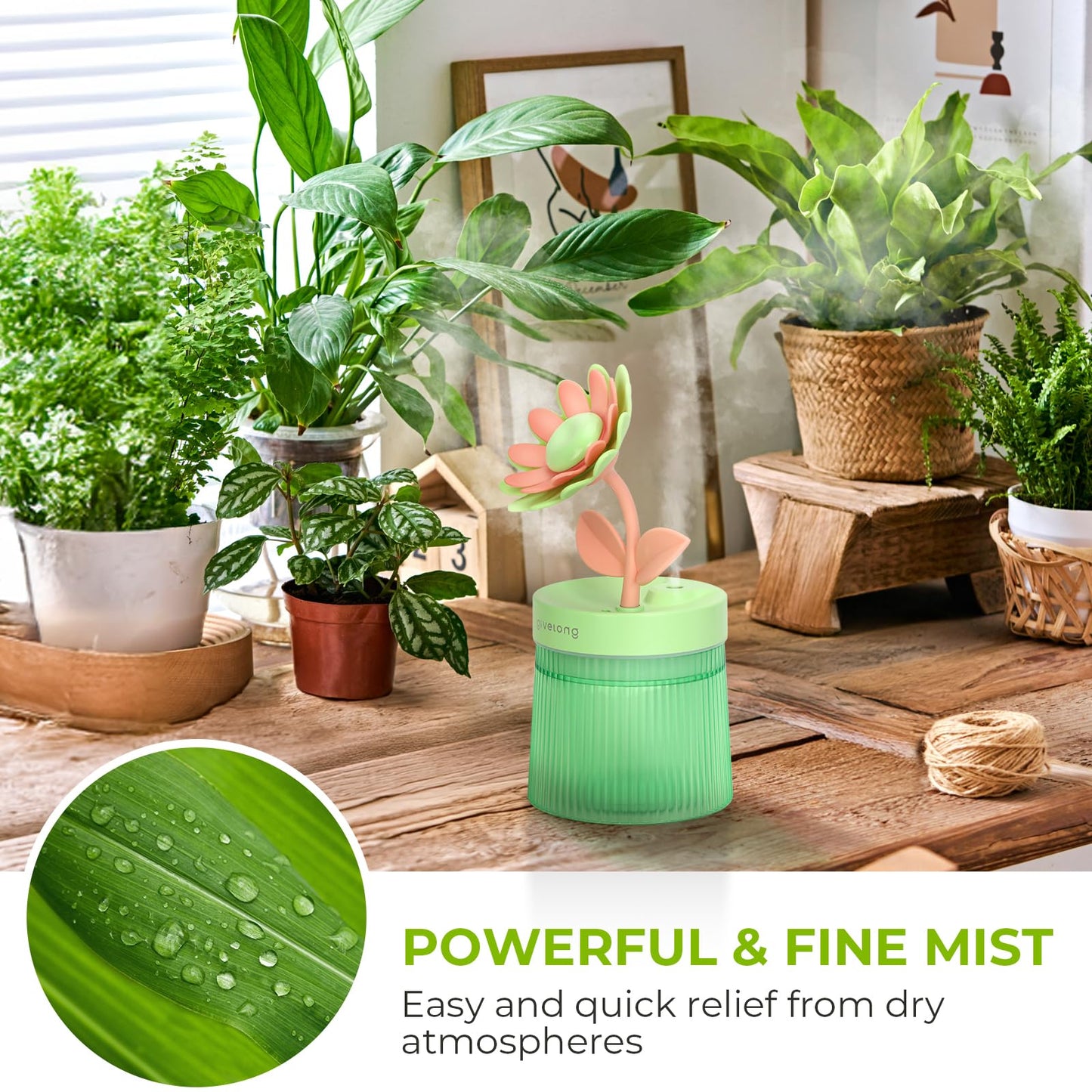 Cute Flower Mini Humidifier, 260ml Gardenia Desktop Humidifiers for Bedroom, Portable Small Cool Mist Humidification for Home, Baby Nursery, Office & Indoor Plants, USB Powered (Pink)