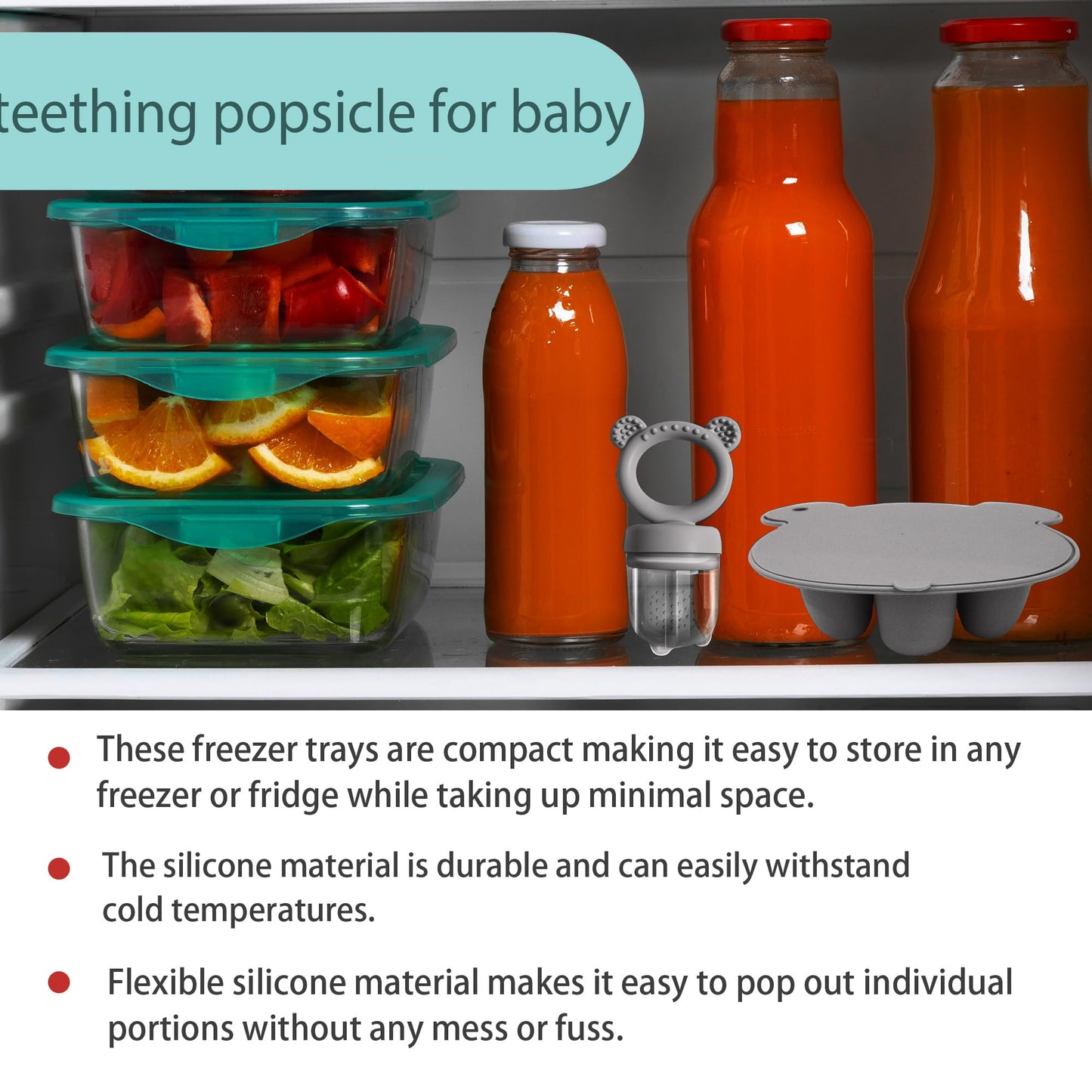 Silicone Baby Food Freezer Tray with Teething Popsicle Molds - Baby Fruit Feeder and Breastmilk Teether Combo