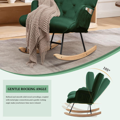 Rocking Chair for Nursery, Comfy Velvet Fabric Glider Rocker, Reading Chair with Support Seating and Side Pockets, Rocking Recliner Chair for Living Room, Bedroom, Balcony, Creamy Beige