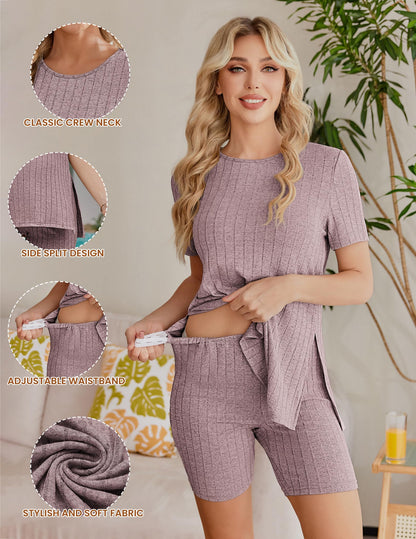 Ekouaer Maternity Sets 2 Piece Outfits Ribbed Knit Short Sleeve Shirts and Biker Shorts Pregnancy Loungewear Mama Clothes