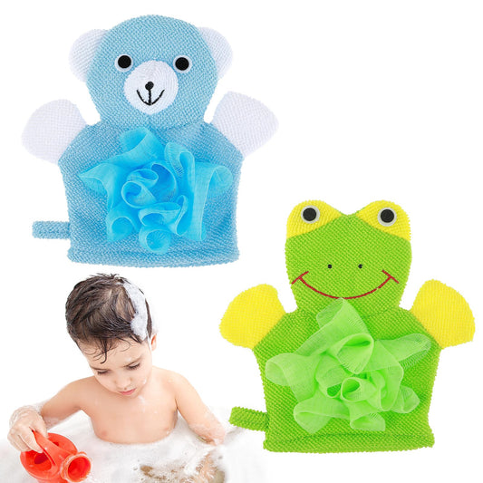 2 Pcs Bath Mitt Washcloths Gloves, Cute Cartoon Exfoliating Glove Body Scrubber, Gentle Soft Scrub Bath Loofahs Sponges for Kids Shower Washing (Pink Rabbit and Yellow Duck)