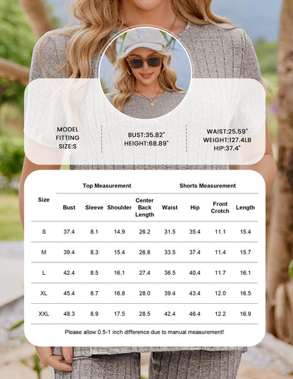 Ekouaer Maternity Sets 2 Piece Outfits Ribbed Knit Short Sleeve Shirts and Biker Shorts Pregnancy Loungewear Mama Clothes