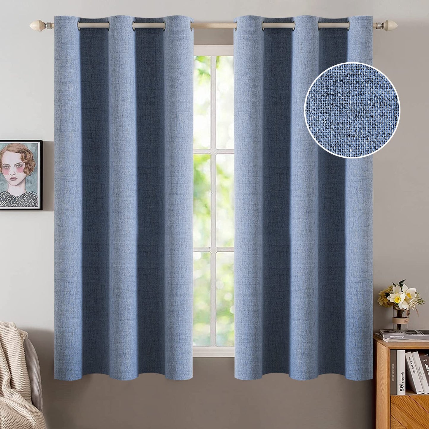 MIULEE 100% Blackout Linen Textured Curtains for Bedroom Solid Thermal Insulated Natural Beige Grommet Room Darkening Curtains & Drapes Luxury Decor for Living Room Nursery 52 x 84 Inch (2 Panels)