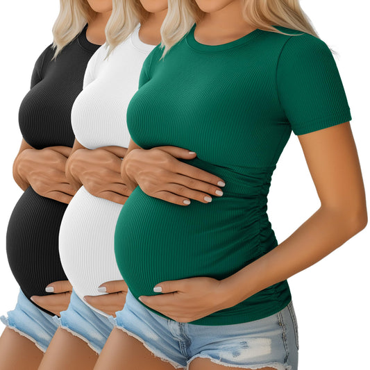 Ficerd 3 Pack Women's Maternity Shirts Cotton Short Sleeve Pregnancy Tops Side Ruched Ribbed Casual Mama tees Clothes