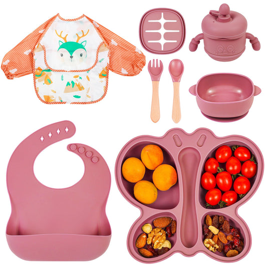 Silicone Baby Feeding Set, Baby Led Weaning Supplies, Silicone Suction Butterfly Plate, Bowl, Spoons, Fork and Waterproof Bib & Cloth Bib, Eating Utensils Baby Feeding Essentials (Purple)
