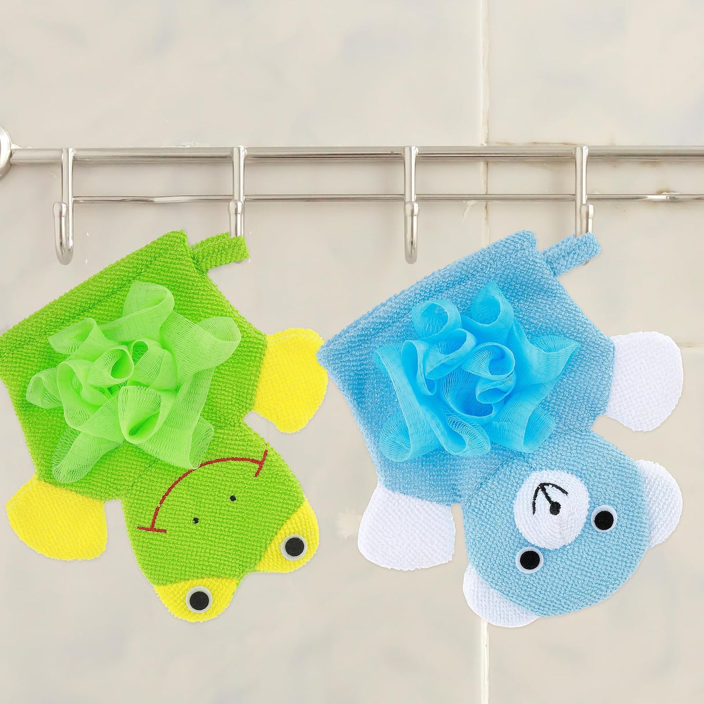 2 Pcs Bath Mitt Washcloths Gloves, Cute Cartoon Exfoliating Glove Body Scrubber, Gentle Soft Scrub Bath Loofahs Sponges for Kids Shower Washing (Pink Rabbit and Yellow Duck)