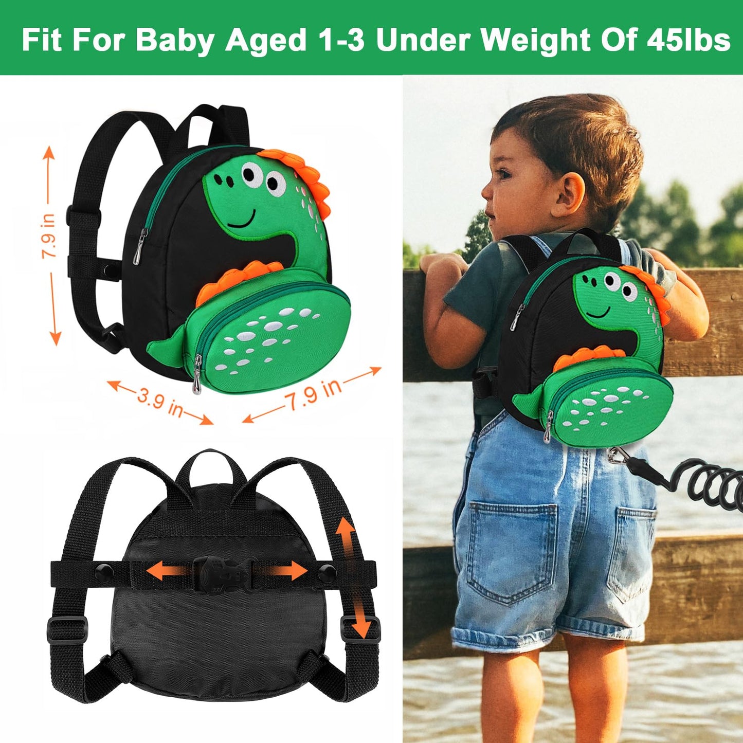 Accmor Toddler Harness Backpack Leash, Cute Dinosaur Backpacks with Anti Lost Wrist Link, Cute Mini Child Backpack Wristband Tether Strap and Protection Leashes for Boys Girls Aged 1-3 Years