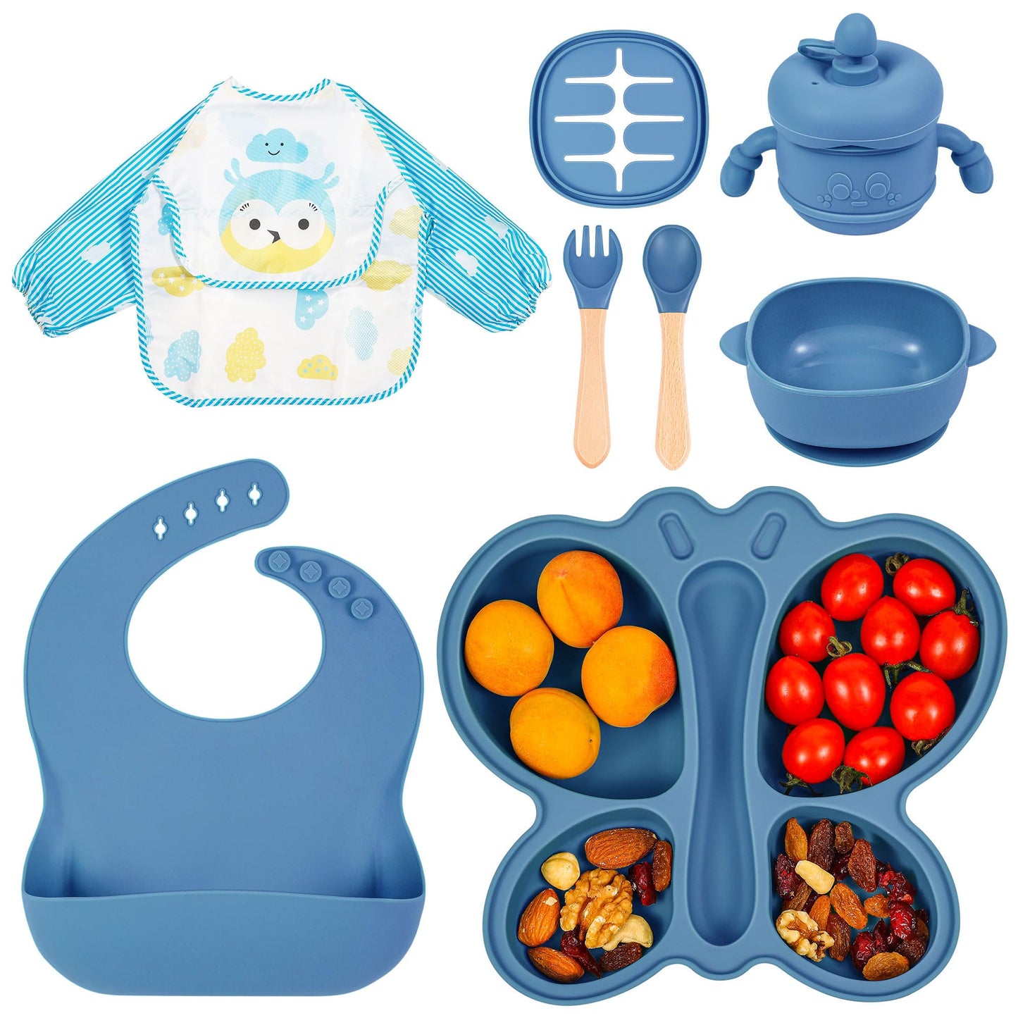 Silicone Baby Feeding Set, Baby Led Weaning Supplies, Silicone Suction Butterfly Plate, Bowl, Spoons, Fork and Waterproof Bib & Cloth Bib, Eating Utensils Baby Feeding Essentials (Purple)