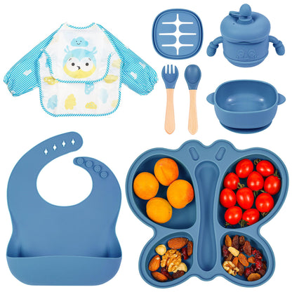 Silicone Baby Feeding Set, Baby Led Weaning Supplies, Silicone Suction Butterfly Plate, Bowl, Spoons, Fork and Waterproof Bib & Cloth Bib, Eating Utensils Baby Feeding Essentials (Purple)