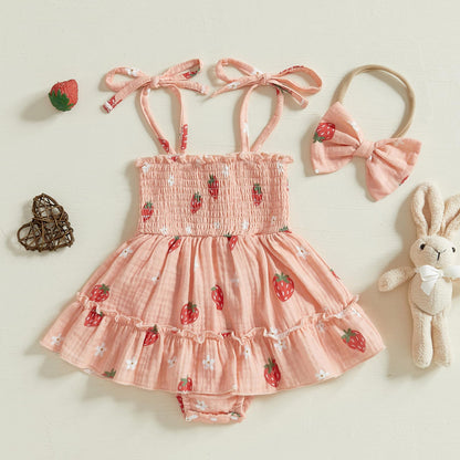 Newborn Baby Girl Romper Dress Sleeveless Tie Up Strap Smocked Strawberry Floral Print Bodysuit Summer Outfit Cotton Clothes