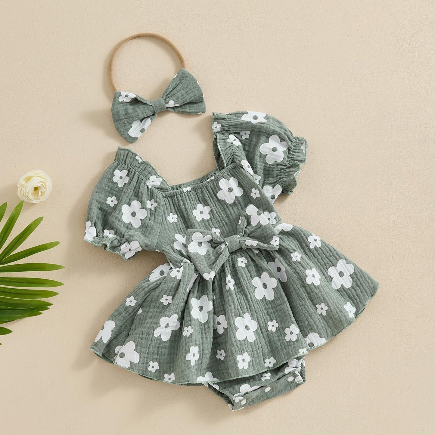 Baby Girls Daisy Romper Bowknot Bodysuit+Headband Short Sleeve Playsuits Floral Jumpsuit Infant Summer Clothes