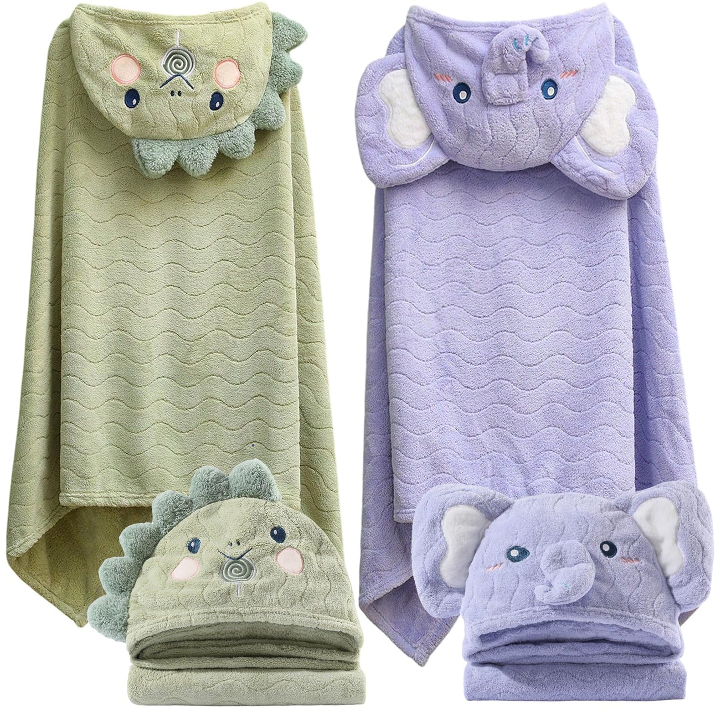 Unisex Toddler Bath Towel with Hood, 27.5"X55", Green, Anime Dinosaur Pattern, Coral Fleece, Machine Wash, 1 Count