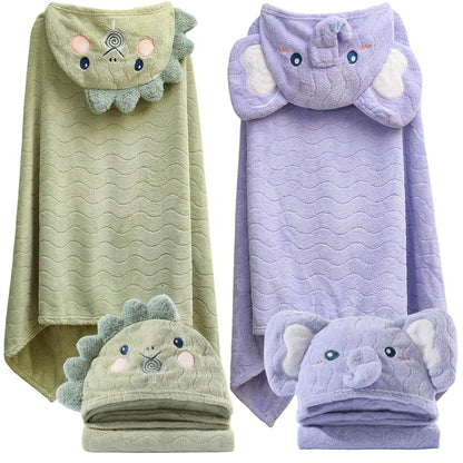 Unisex Toddler Bath Towel with Hood, 27.5"X55", Green, Anime Dinosaur Pattern, Coral Fleece, Machine Wash, 1 Count