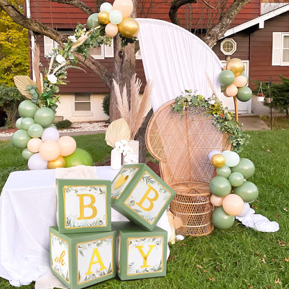 RUBFAC Sage Green Baby Boxes with Letters for Baby Shower, 4pcs Safari Baby Shower Decorations for Boy Girl Balloon Boxes Gender Reveal Birthday Party Favors