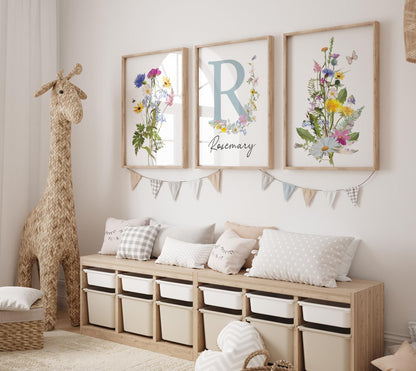Personalized Wildflower Nursery Prints, Custom Floral Name Wall Art, Baby Girl Initial Monogram Posters, Boho Watercolor Wild Flower Artwork - Unframed (Autumn Meadow, 8x10)