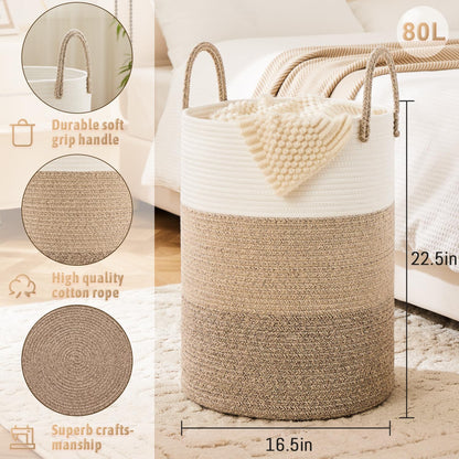 Laundry Basket,Woven Cotton Rope Laundry Hamper,60L for Decor Storage of Dirty Clothes,Toys and Blankets in Bathroom,Baby Room and Living Room
