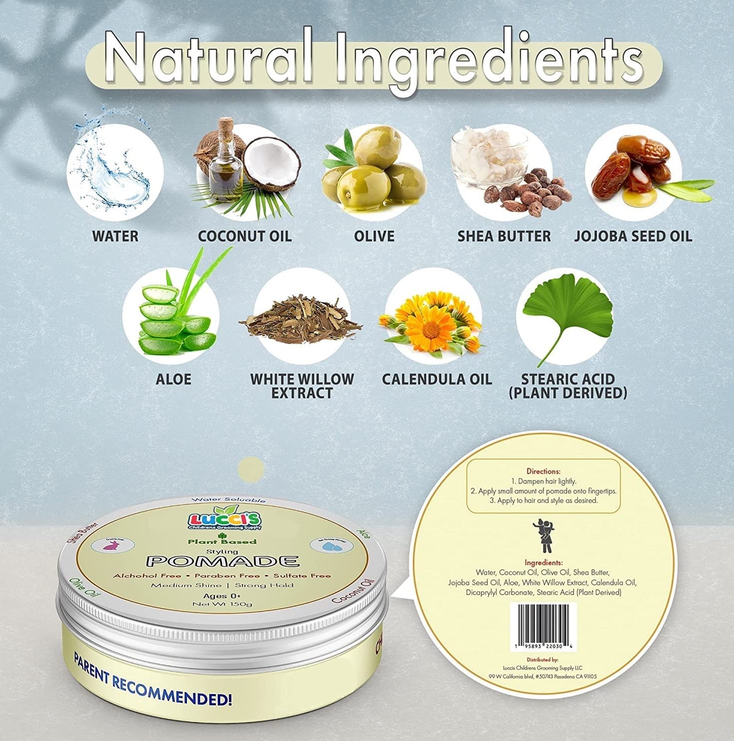 LUCCI’S CHILDRENS GROOMING SUPPLY Baby Hair Gel – 5oz Plant-Based Styling Hair Pomade for Infants – No Parabens or Sulphates – Medium Shine and Strong Hold Hair Paste for Kids