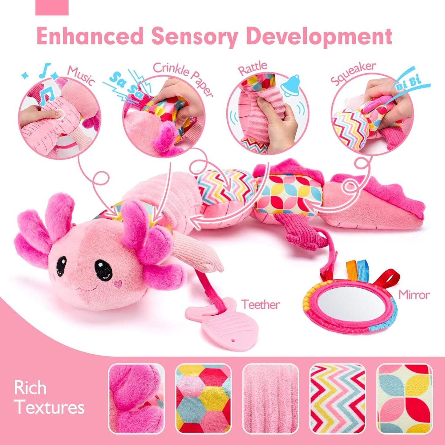 hahaland Tummy Time Toys for Babies 0-6 Months - Musical Axolotl Plush with Rattle, Teether, Mirror, Squeaky, Crinkle - Infant Toys 0-12 Months Baby Gifts