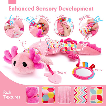 hahaland Tummy Time Toys for Babies 0-6 Months - Musical Axolotl Plush with Rattle, Teether, Mirror, Squeaky, Crinkle - Infant Toys 0-12 Months Baby Gifts