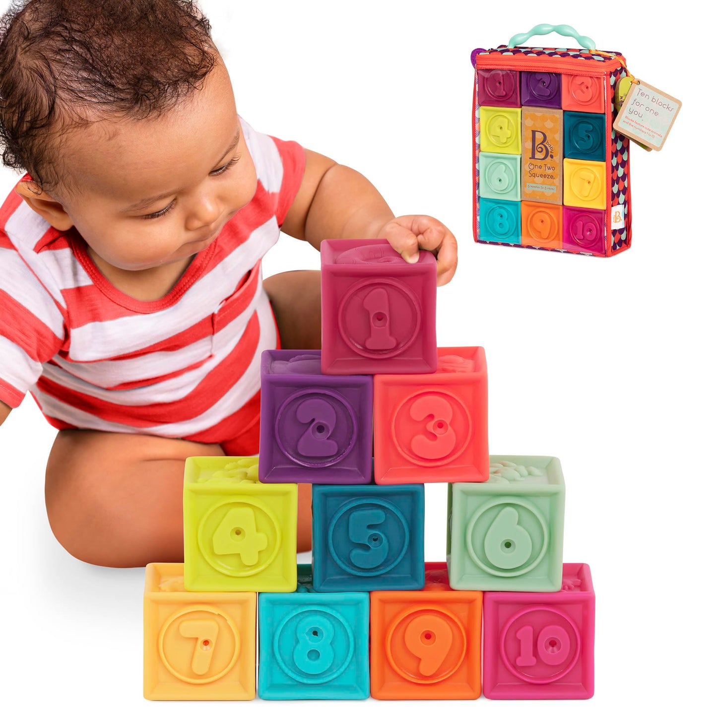 B. toys – Baby Blocks – Stacking & Building Toys For Babies – 10 Soft & Educational Blocks- Numbers, Shapes, Colors, Animals- One Two Squeeze- 6 Months +