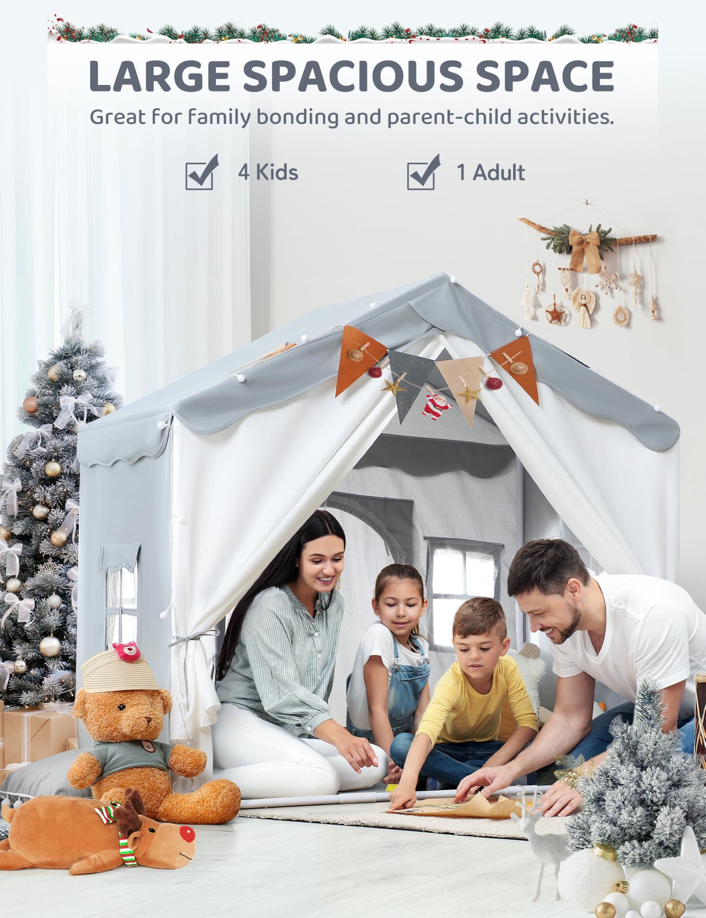BESREY Kids Play Tent - 2 in 1 with Padded Mat & Lights, Large Playhouse with 2 Doors & 4 Windows, Indoor & Outdoor, Christmas Toddler Play Tent, 51" x 35" x 51