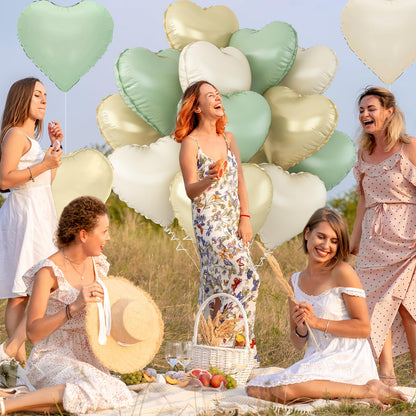 Sage Green Gold Heart Balloons,12Pcs Light Gold Heart Shaped Foil Balloons,18Inch Cream White Helium Mylar Balloon for Baby Shower Birthday Anniversary Wedding Party Decorations