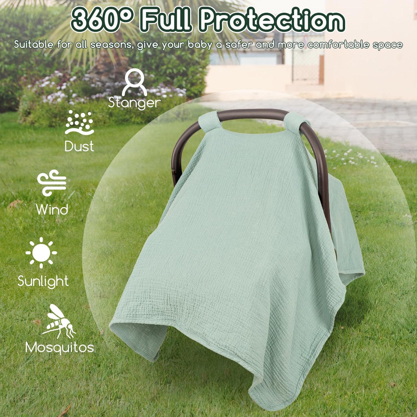 2 in 1 Muslin Infant Car Seat Cover, Multi-Purpose Breastfeeding Covers for Nursing, Breathable Carseat Cover for Baby Girls, Green