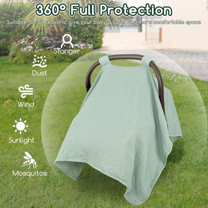 2 in 1 Muslin Infant Car Seat Cover, Multi-Purpose Breastfeeding Covers for Nursing, Breathable Carseat Cover for Baby Girls, Green