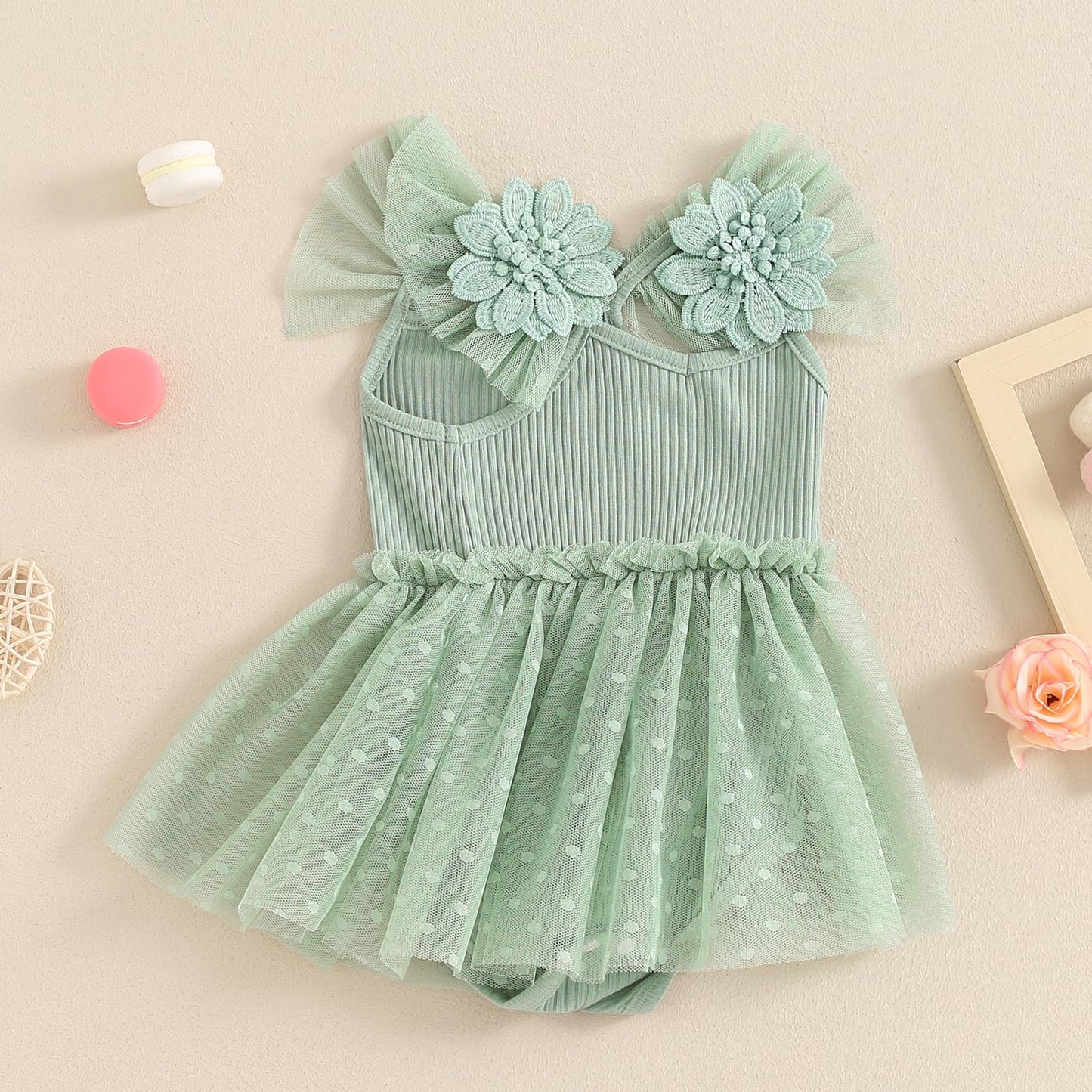 Hnyenmcko Newborn Baby Girl Summer Romper Dress Infant Fly Sleeve Flower Embroidery Mesh Tulle Skirt Hem Ribbed Bodysuit