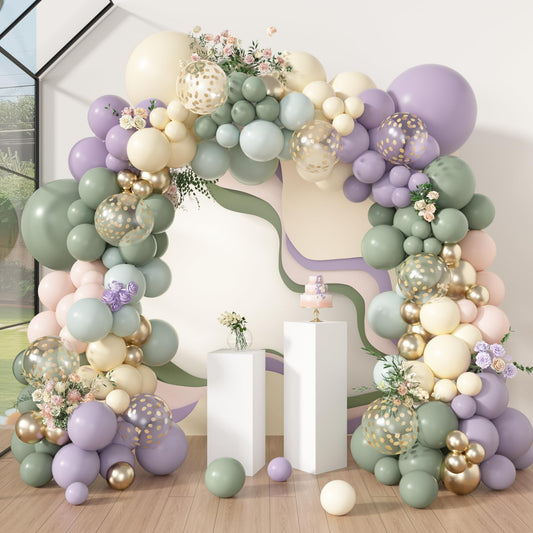 Amandir 173Pcs Pink Blue Green Balloon Arch Garland Kit, Dusty Baby Pink Mauve Pastel Mist Haze Green Blue Gold Confetti Balloons for Baby Shower Gender Reveal Wildflower Birthday Party Decorations