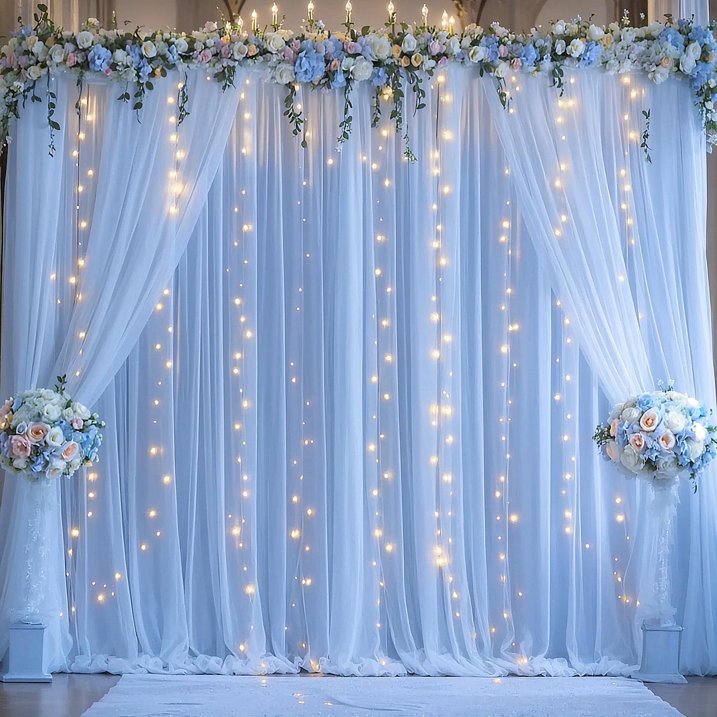 White Tulle Backdrop Curtain with Lights String for Parites 10×8ft Sheer Backdrop Curtains White Curtain Backdrop for Wedding Baby Shower Birthday Party Photo Shoot Decorations(2 Panels 10ft×8ft)