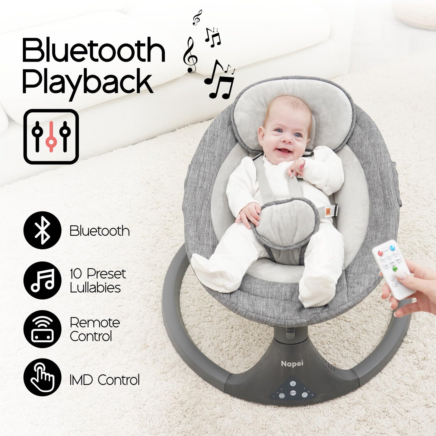Baby Swings for Infants to Toddler, Electric Baby Swing and Infant Swings for Newborn, 10 Music with Remote Control and Bluetooth, 5 Swing Angles with Gentle Speed, 2 Seat Position, 0-9 Month (Gray)