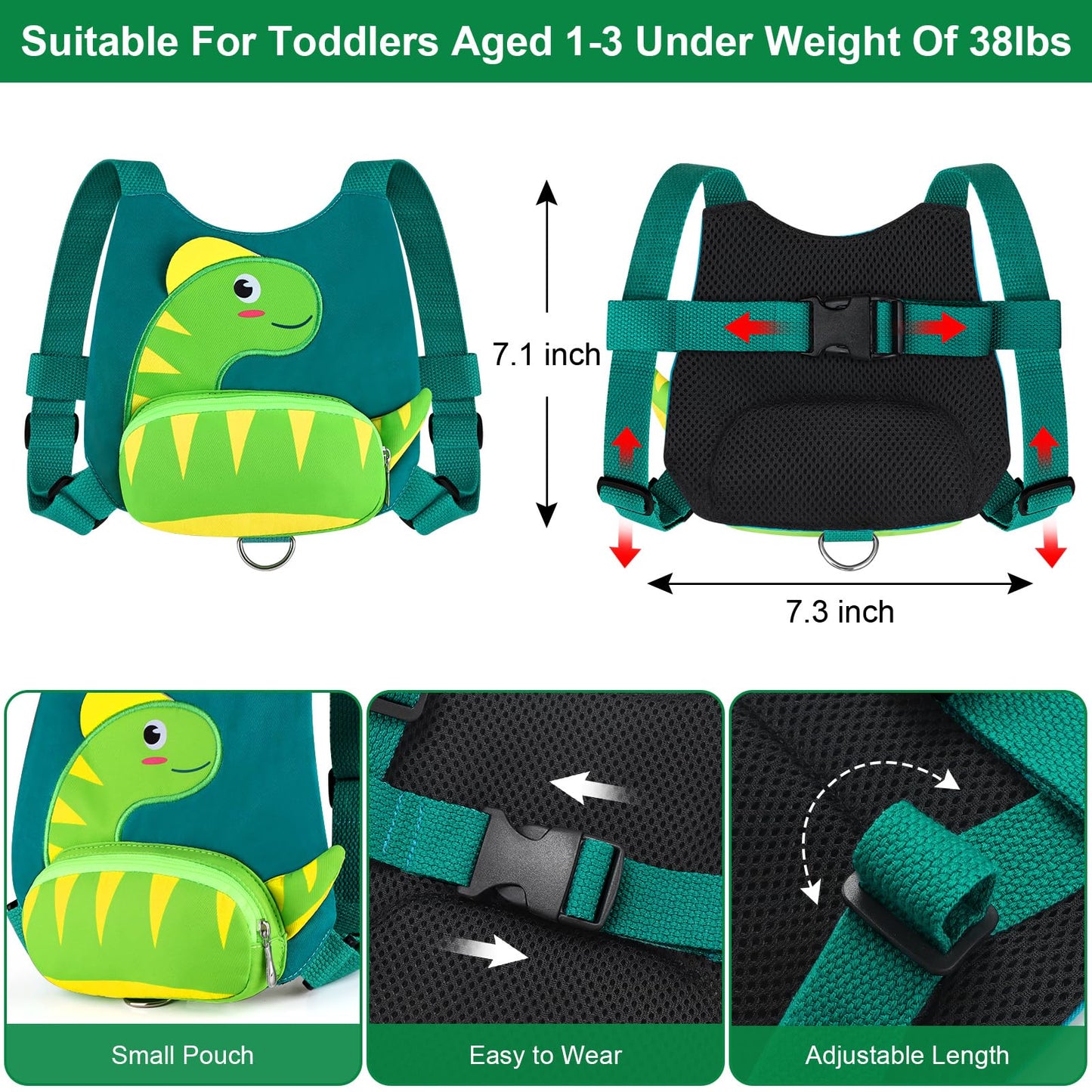 Accmor Toddler Harness with Leash, Cute Dinosaur Kids Harness + Anti Lost Wrist Link, Mini Child Harness Leash Wristband Strap Belt Protector for Baby Boys Girls to Outdoor Travel (Blue)