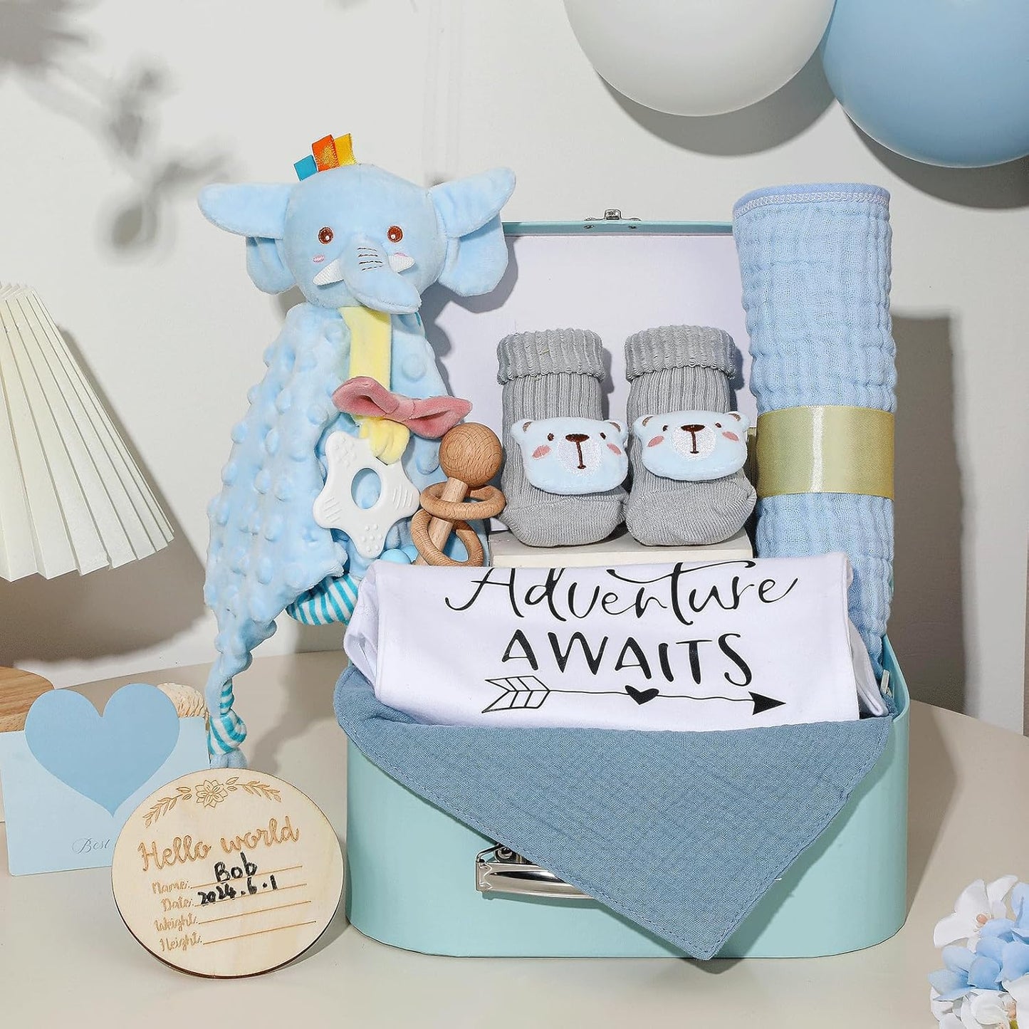 Baby Gift Set Baby Shower Gifts Basket for Newborns New Born Baby Boy Gift Set Blue Baby Gift Basket with Baby Rattle Muslin Towel Security Blanket Gender Reveal Gifts for Baby Girls Boys