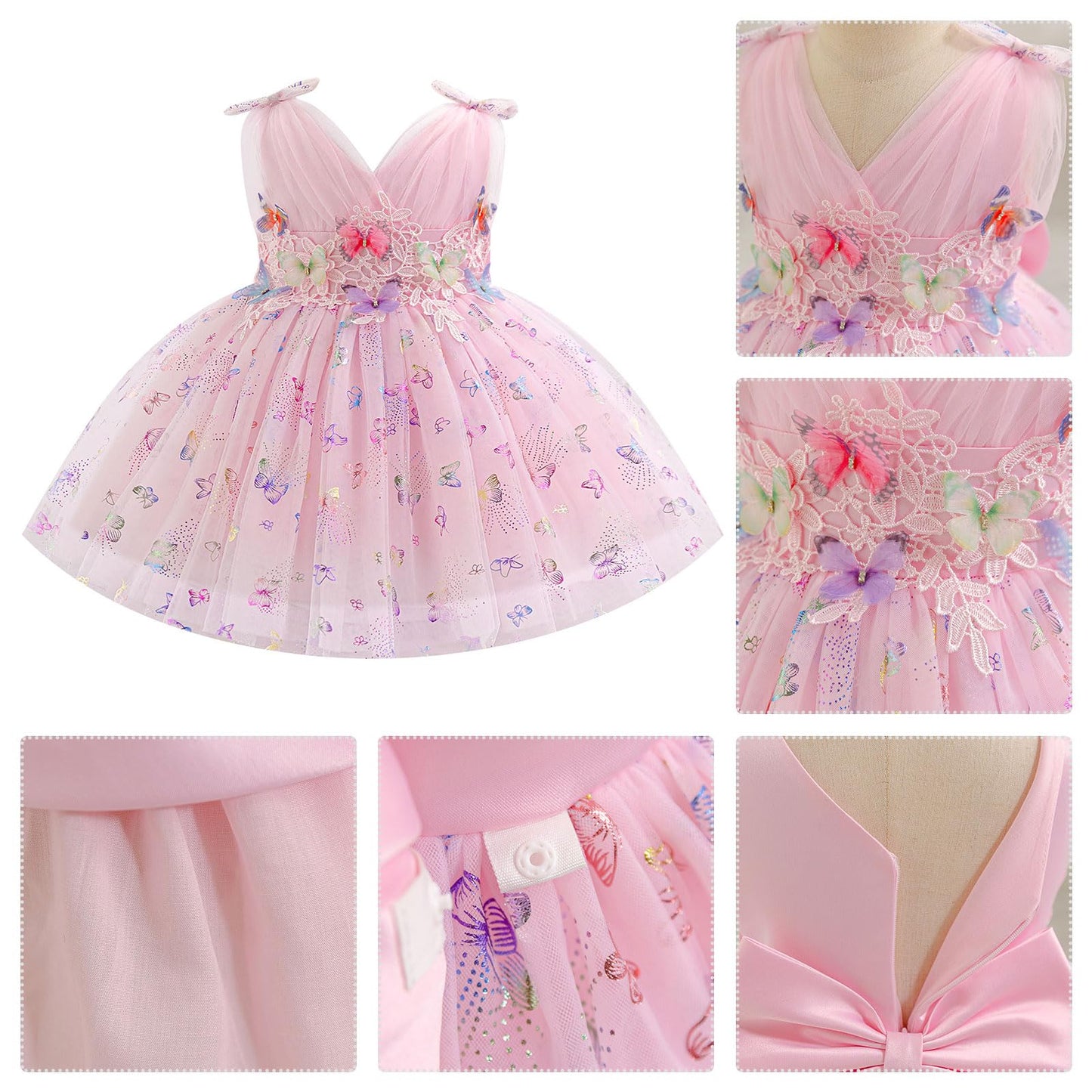 IDOPIP Toddler Baby Girls Shiny Butterfly Tutu Dress Princess Birthday Party Pageant Flower Girl Wedding V-Backless Dresses