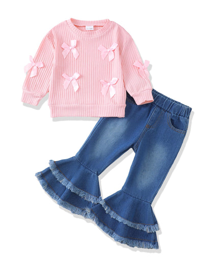 Renotemy Toddler Baby Girl Clothes Fall Winter Outfit, Bow Sweatshirt Denim Bell Bottom Jeans Outfits for 1-5 Year Girls