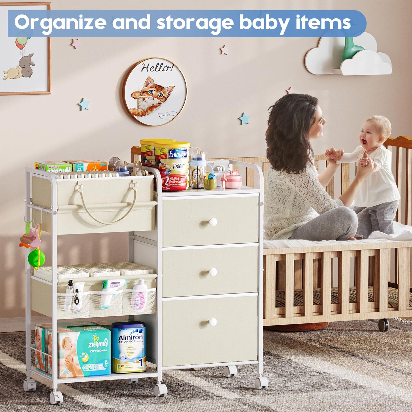 2In1 Baby Diaper Caddy Organizers and Storage, 3-Tier Rolling Diaper Cart, Diaper Caddy Organizer with Dividers and Drawers, Mobile Utility Cart for Changing Table, Crib Nursery, Bedroom