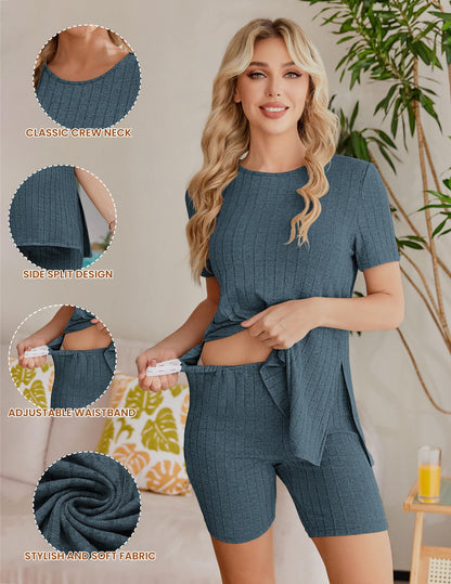 Ekouaer Maternity Sets 2 Piece Outfits Ribbed Knit Short Sleeve Shirts and Biker Shorts Pregnancy Loungewear Mama Clothes