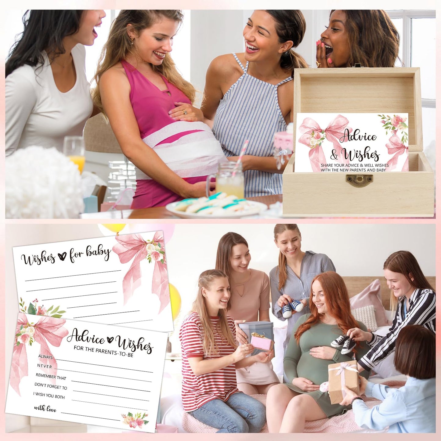 50 PCS Pink Bow Baby Shower Advice Cards For Parents To Be, Advice and Wishes Cards with Box for Baby Shower Games Advice for New Parents Baby Showers