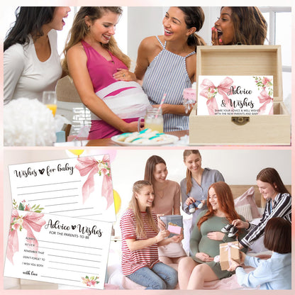50 PCS Pink Bow Baby Shower Advice Cards For Parents To Be, Advice and Wishes Cards with Box for Baby Shower Games Advice for New Parents Baby Showers