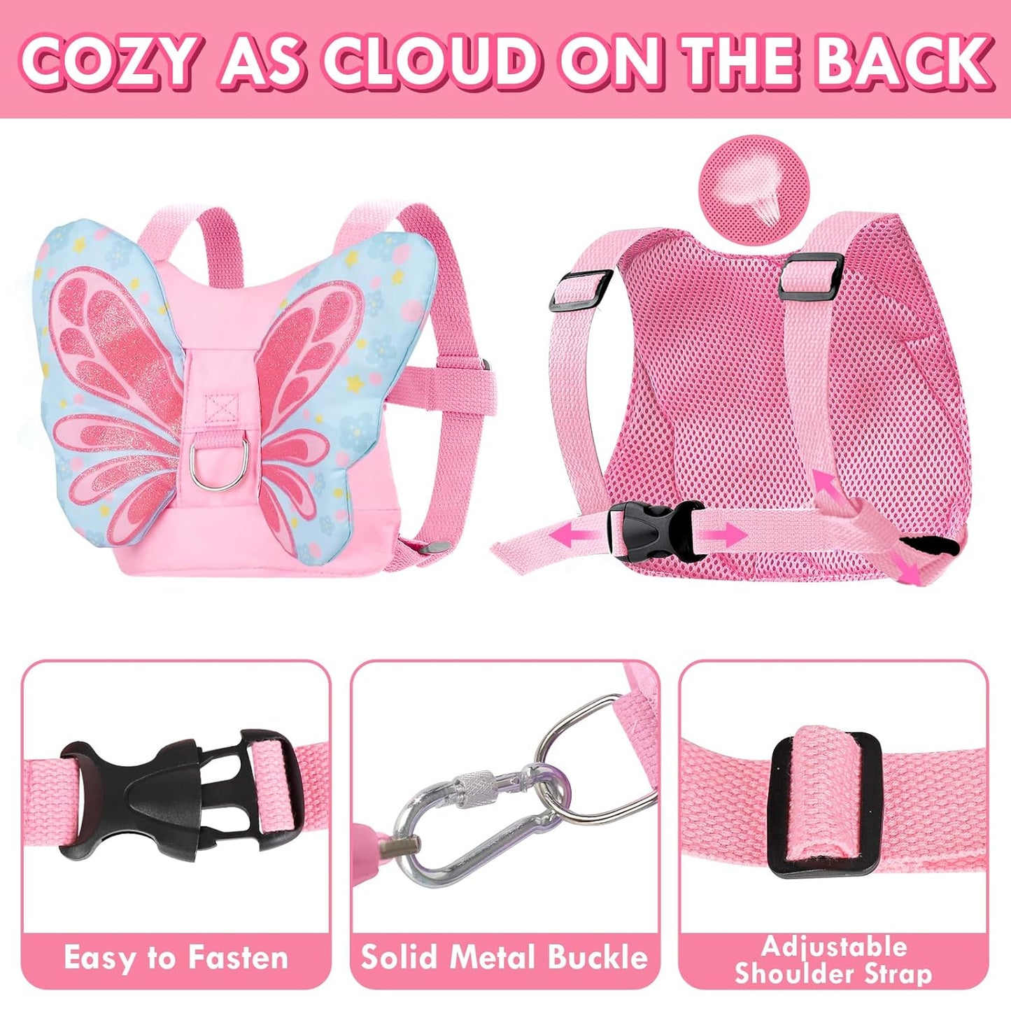 Lehoo Castle Toddler Leash for 1-5 Years, Baby Safety Harness for Girls with Anti-Lost Key Lock & Adjustable Strap, 3-in-1 Wrist Leash and Kids Backpack Harness for Walking Travel (Pink Butterfly)