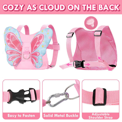 Lehoo Castle Toddler Leash for 1-5 Years, Baby Safety Harness for Girls with Anti-Lost Key Lock & Adjustable Strap, 3-in-1 Wrist Leash and Kids Backpack Harness for Walking Travel (Pink Butterfly)