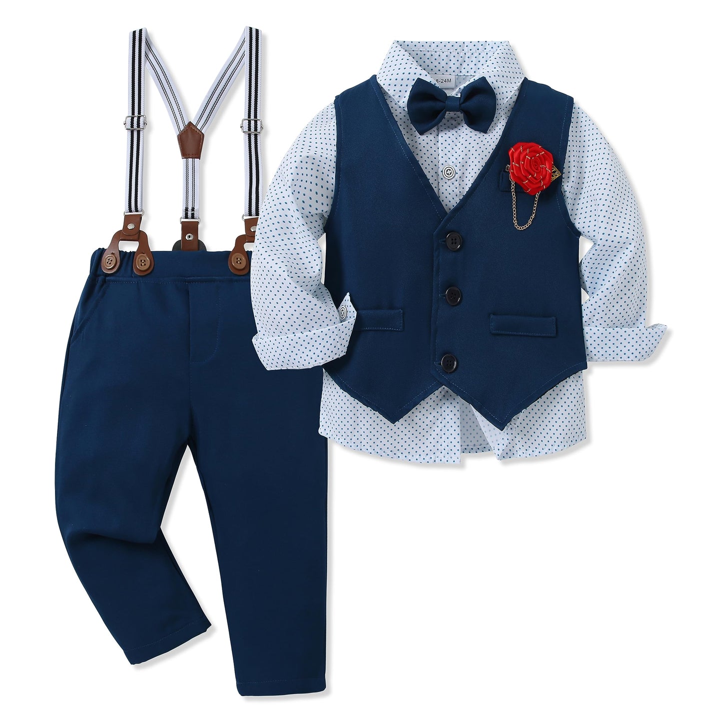 WESIDOM Toddler Boy Clothes Suit Formal Dress Shirt+Bowtie+Vest+Boutonniere+Suspender Pants Boys Gentleman Outfits Set
