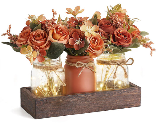 Mkono Mason Jar Lights Centerpiece Table Decor for Dining Room Farmhouse Wood Tray with 3 Jars Flowers Summer Decoration for Coffee Table Kitchen Living Room Wedding