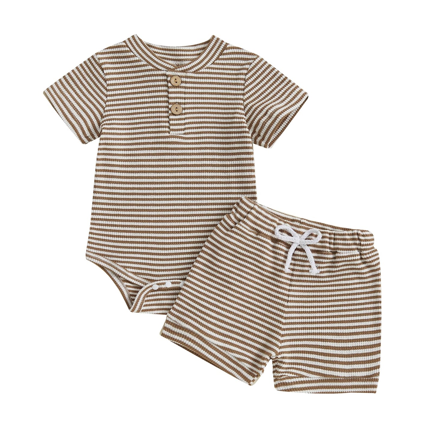 Kuriozud Newborn Baby Boy Summer Clothes Button Short Sleeve Romper Bodysuit Shorts Set Toddler Soft Waffle Outfit