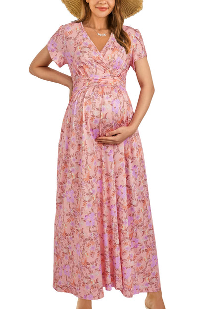 OUGES Maternity Maxi Dress Wrap V Neck Baby Shower Pregnancy Dresses for Photoshoot